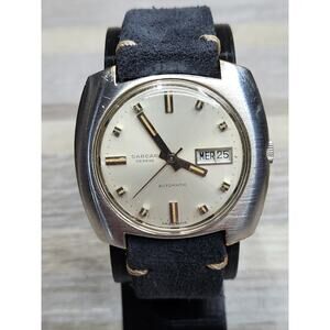Rare Mens Sarcar Geneve Automatic Swiss Made Silver Tone Watch, Starts & Stops